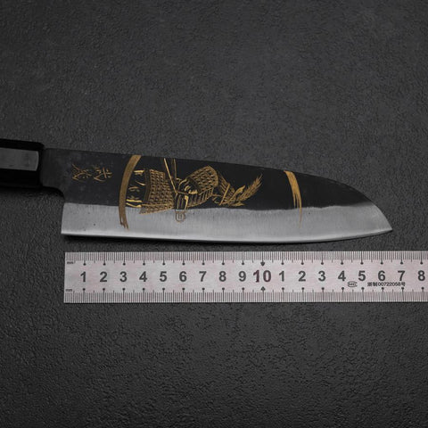 Santoku Blue Steel #2 Kurouchi Chokin Samurai New Moon Buffalo Ebony Handle 165mm (6.5”)