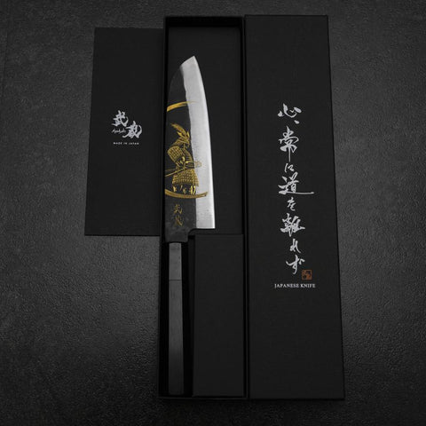 Santoku Blue Steel #2 Kurouchi Chokin Samurai New Moon Buffalo Ebony Handle 165mm (6.5”)