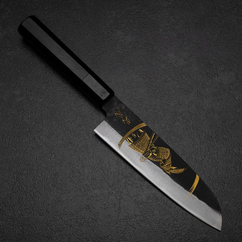 Santoku Blue Steel #2 Kurouchi Chokin Samurai New Moon Buffalo Ebony Handle 165mm (6.5”)