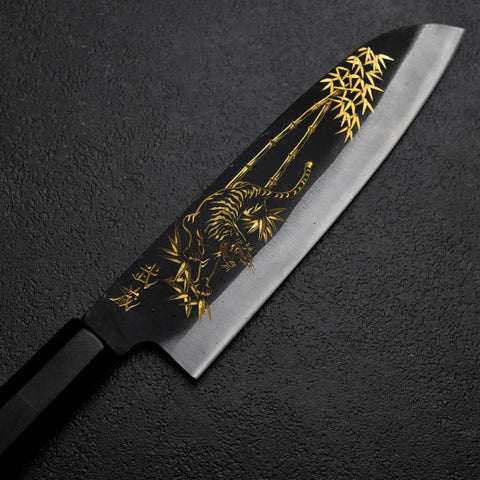 Santoku Blue Steel #2 Kurouchi Chokin Tigre-Bambú Mango de Búfalo Ébano 165mm
