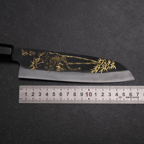 Santoku Blue Steel #2 Kurouchi Chokin Tigre-Bambú Mango de Búfalo Ébano 165mm