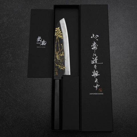 Santoku Blue Steel #2 Kurouchi Chokin Tigre-Bambú Mango de Búfalo Ébano 165mm