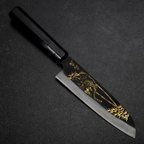 Santoku Blue Steel #2 Kurouchi Chokin Tigre-Bambú Mango de Búfalo Ébano 165mm