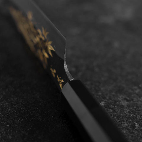 Santoku Blue Steel #2 Kurouchi Chokin Tokyo Tower & Maple Leaves Buffalo Ebony Handle 165mm (6.5")-[Musashi]-[Japanese-Kitchen-Knives]