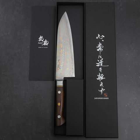 Santoku Blue Steel #2 Stainless Clad Colored Damascus Western Ironwood Handle 180mm-[Musashi]-[Japanese-Kitchen-Knives]