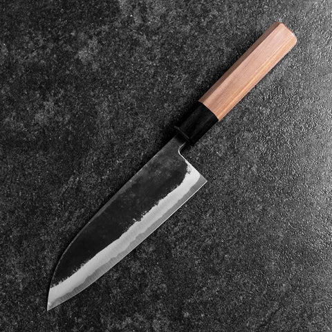 Santoku Blue Steel #2 Stainless Clad Kurouchi Buffalo Walnut Handle 165mm (6.5”)-[Musashi]-[Japanese-Kitchen-Knives]