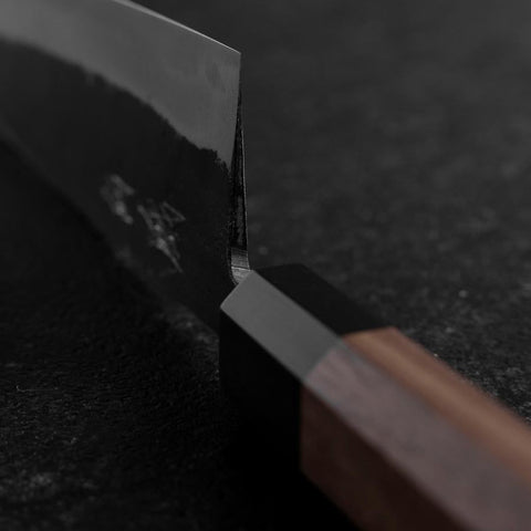Santoku Blue Steel #2 Stainless Clad Kurouchi Buffalo Walnut Handle 165mm (6.5”)-[Musashi]-[Japanese-Kitchen-Knives]