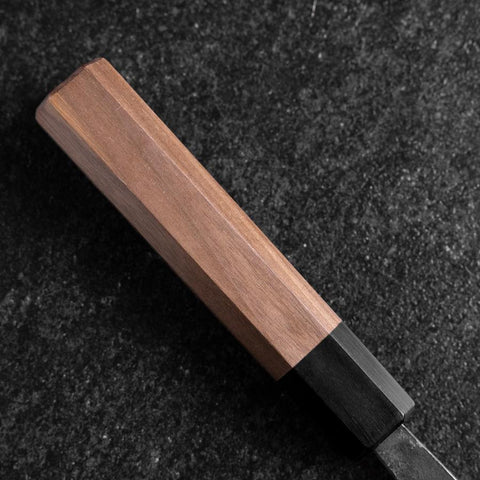 Santoku Blue Steel #2 Stainless Clad Kurouchi Buffalo Walnut Handle 165mm (6.5”)-[Musashi]-[Japanese-Kitchen-Knives]