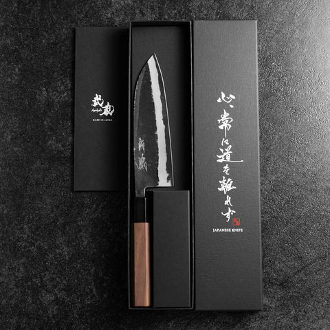 Santoku Blue Steel #2 Stainless Clad Kurouchi Buffalo Walnut Handle 165mm (6.5”)-[Musashi]-[Japanese-Kitchen-Knives]