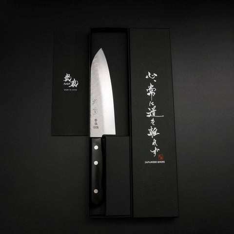 Santoku Blue Steel #2 Stainless Clad Tsuchime Western Handle Black 165mm (6.5”)-[Musashi]-[Japanese-Kitchen-Knives]