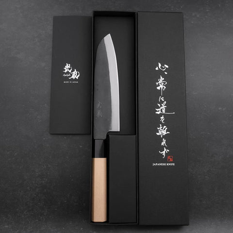 Santoku Blue Steel #1 Stainless Clad Kurouchi Buffalo Magnolia Handle 165mm-[Musashi]-[Japanese-Kitchen-Knives]