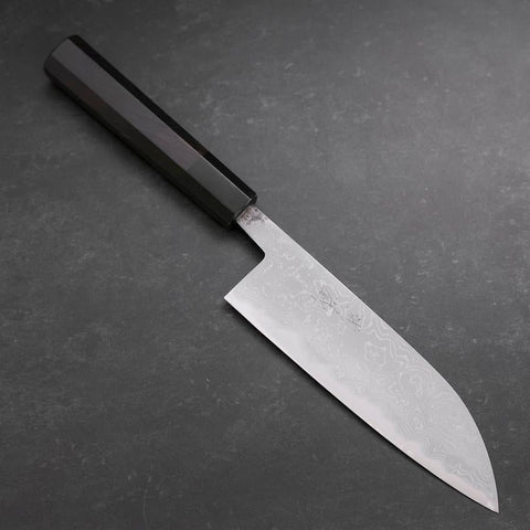 Santoku Blue Steel #2 Damascus Buffalo Ebony Handle 165mm-[Musashi]-[Japanese-Kitchen-Knives]