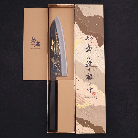 Santoku Blue Steel #2 Kurouchi Chokin Nami-Fuji Buffalo Ebony Handle 170mm-[Musashi]-[Japanese-Kitchen-Knives]