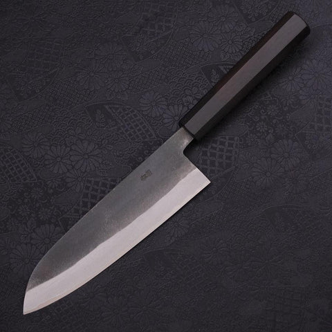 Santoku Blue Steel #2 Kurouchi Chokin Nami-Fuji Buffalo Ebony Handle 170mm-[Musashi]-[Japanese-Kitchen-Knives]