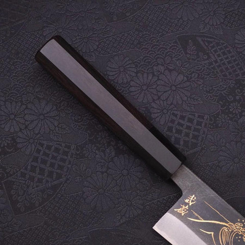 Santoku Blue Steel #2 Kurouchi Chokin Nami-Fuji Buffalo Ebony Handle 170mm-[Musashi]-[Japanese-Kitchen-Knives]