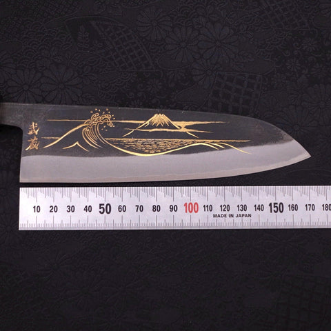 Santoku Blue Steel #2 Kurouchi Chokin Nami-Fuji Buffalo Ebony Handle 170mm-[Musashi]-[Japanese-Kitchen-Knives]