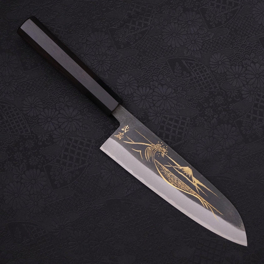 Santoku Blue Steel #2 Kurouchi Chokin Nami-Fuji Buffalo Ebony Handle 170mm (6.7”)-[Musashi]-[Japanese-Kitchen-Knives]