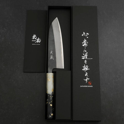 Santoku Blue Steel #2 Kurouchi Mango Blanco Negro Dorado Plástico del Océano 165mm