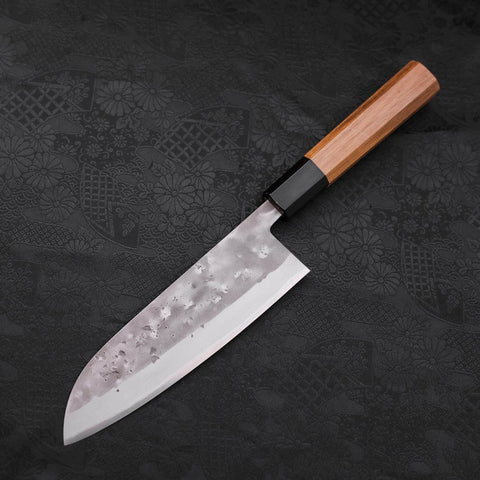Santoku Blue Steel #2 Nashiji Stainless Clad Buffalo Teak Handle 165mm-[Musashi]-[Japanese-Kitchen-Knives]