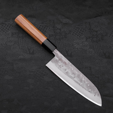 Santoku Blue Steel #2 Nashiji Stainless Clad Buffalo Teak Handle 165mm-[Musashi]-[Japanese-Kitchen-Knives]