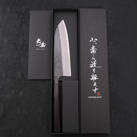 Santoku Blue Steel #2 Stainless Clad Kurouchi Buffalo Ebony Handle 165mm-[Musashi]-[Japanese-Kitchen-Knives]