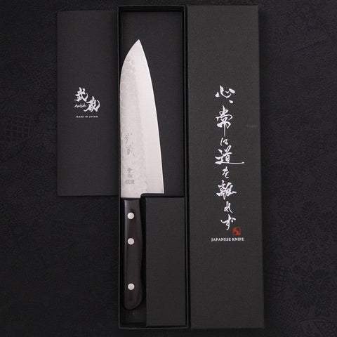 Santoku Blue Steel #2 Tsuchime Revestimiento de Acero Inoxidable Mango Occidental 170mm