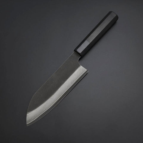 Santoku Cobalt Stainless HRC62 Kurouchi Damascus Buffalo Ebony Handle 165mm (6.5”)-[Musashi]-[Japanese-Kitchen-Knives]