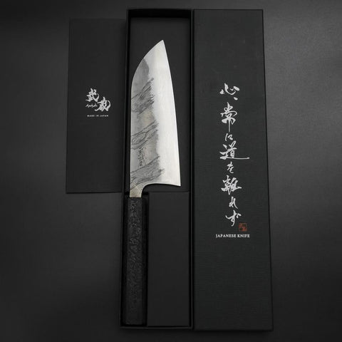 Santoku Silver Steel #3 Nashiji Damascus Black Ishime Urushi Handle 165mm (6.5”)-[Musashi]-[Japanese-Kitchen-Knives]