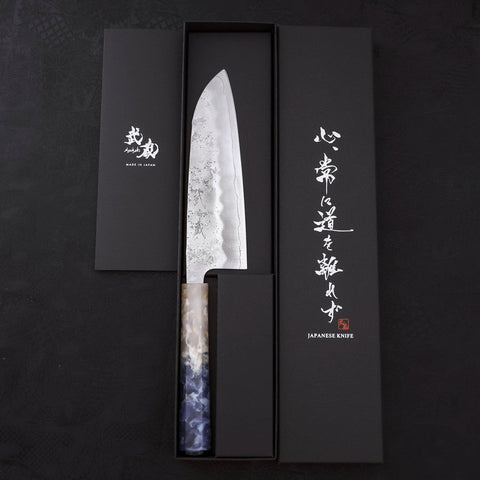 Santoku Silver Steel #3 Nashiji Ocean Blue White Handle 165mm-[Musashi]-[Japanese-Kitchen-Knives]