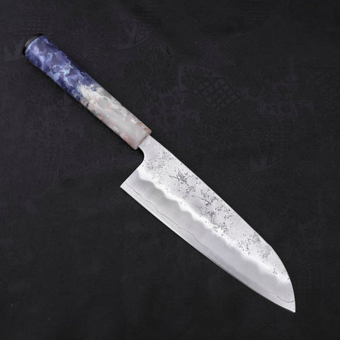 Santoku Silver Steel #3 Nashiji Ocean Blue White Handle 165mm-[Musashi]-[Japanese-Kitchen-Knives]
