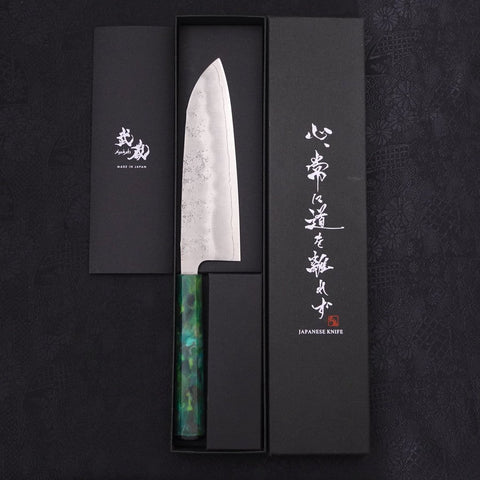 Santoku Silver Steel #3 Nashiji Ocean Green Handle 165mm-[Musashi]-[Japanese-Kitchen-Knives]