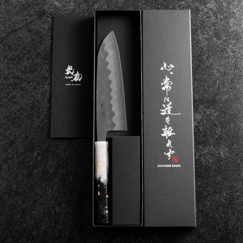 Santoku Silver Steel #3 Nashiji Ocean White Black Gold Handle 165mm (6.5”)-[Musashi]-[Japanese-Kitchen-Knives]