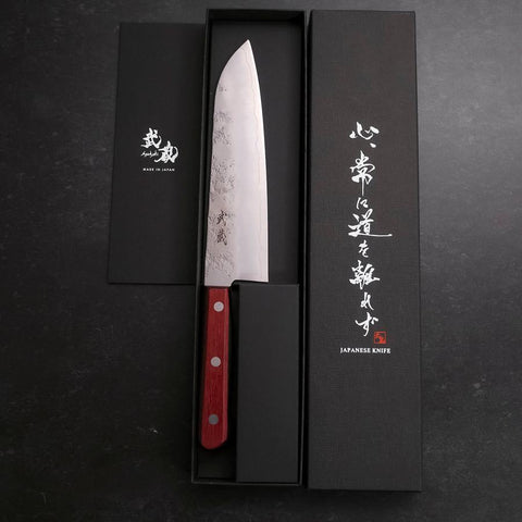 Santoku Silver Steel #3 Nashiji Western Red Handle 180mm (Tsuba-Nashi)-[Musashi]-[Japanese-Kitchen-Knives]