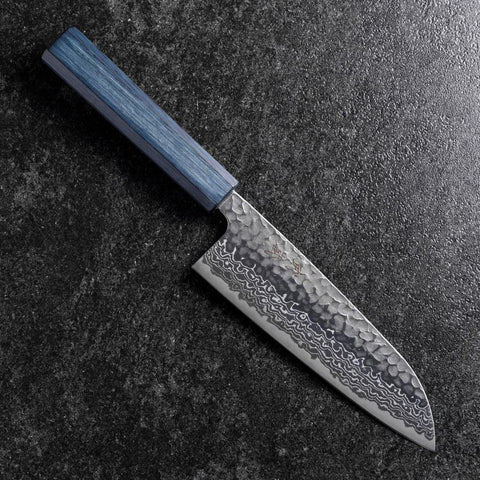 Santoku Silver Steel #3 Tsuchime Damascus Dark Blue Urushi Handle 170mm (6.7”)-[Musashi]-[Japanese-Kitchen-Knives]