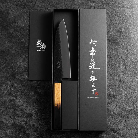 Santoku Stainless Clad AUS-8 Kurouchi Tsuchime Yaki Urushi Handle 170mm (6.7”)-[Musashi]-[Japanese-Kitchen-Knives]