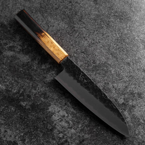 Santoku Stainless Clad AUS-8 Kurouchi Tsuchime Yaki Urushi Handle 170mm (6.7”)-[Musashi]-[Japanese-Kitchen-Knives]