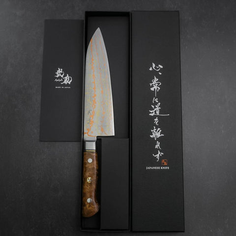 Santoku Stainless Clad Blue Steel #2 Colored Damascus Western Karin Handle 180mm-[Musashi]-[Japanese-Kitchen-Knives]