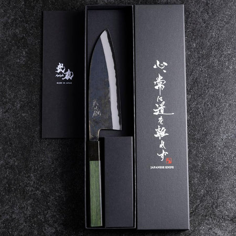 Santoku Stainless Clad Blue Steel #2 Kurouchi Green Urushi Handle 165mm-[Musashi]-[Japanese-Kitchen-Knives]