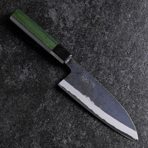 Santoku Stainless Clad Blue Steel #2 Kurouchi Green Urushi Handle 165mm-[Musashi]-[Japanese-Kitchen-Knives]