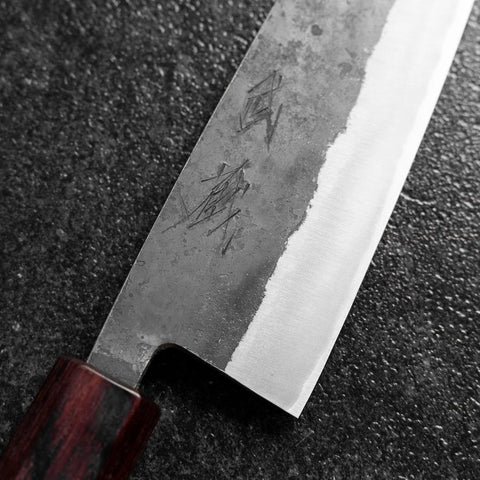 Santoku Stainless Clad Blue Steel #2 Kurouchi Zelkova Handle 165mm (6.5”)-[Musashi]-[Japanese-Kitchen-Knives]