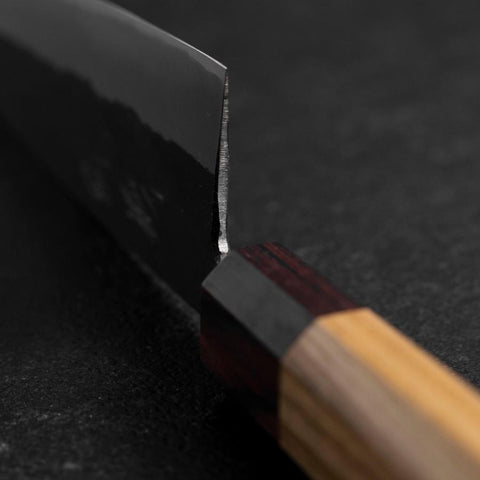 Santoku Stainless Clad Blue Steel #2 Kurouchi Zelkova Handle 165mm (6.5”)-[Musashi]-[Japanese-Kitchen-Knives]