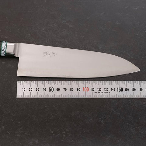 Santoku Stainless Clad Blue Steel #2 Polished Green Micarta Turqoise Handle 180mm-[Musashi]-[Japanese-Kitchen-Knives]