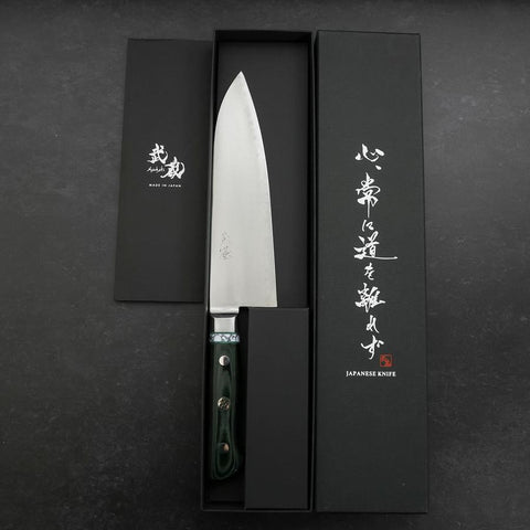 Santoku Stainless Clad Blue Steel #2 Polished Green Micarta Turqoise Handle 180mm-[Musashi]-[Japanese-Kitchen-Knives]