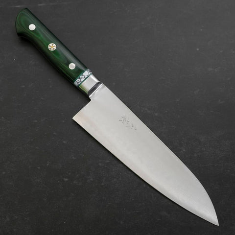 Santoku Stainless Clad Blue Steel #2 Polished Green Micarta Turqoise Handle 180mm-[Musashi]-[Japanese-Kitchen-Knives]