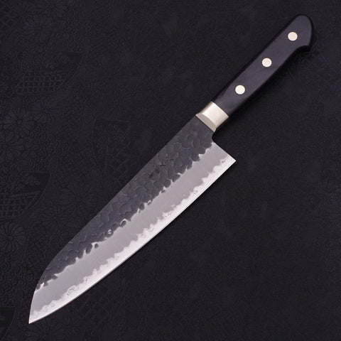 Santoku Stainless Clad Blue Super Kurouchi Tsuchime Western Handle Black 180mm-[Musashi]-[Japanese-Kitchen-Knives]