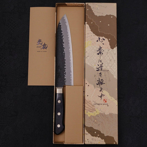 Santoku Stainless Clad Blue Super Kurouchi Tsuchime Western Handle Black 180mm-[Musashi]-[Japanese-Kitchen-Knives]