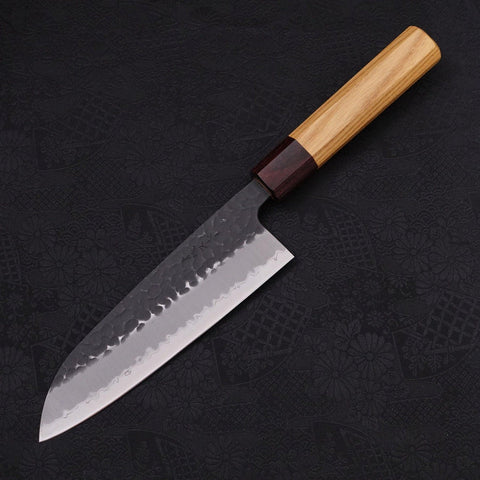 Santoku Stainless Clad Blue Super Kurouchi Tsuchime Zelkova Handle 170mm-[Musashi]-[Japanese-Kitchen-Knives]
