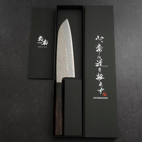 Santoku Stainless Clad Blue Super Tsuchime Buffalo Ebony Handle 165mm-[Musashi]-[Japanese-Kitchen-Knives]