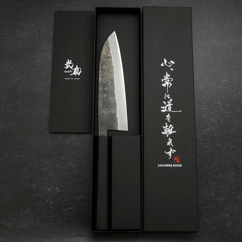 Santoku Stainless Clad Blue Steel #2 Kurouchi Rubber Handle 165mm-[Musashi]-[Japanese-Kitchen-Knives]