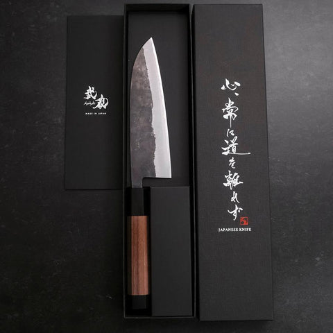 Santoku Stainless Clad Blue Steel #2 Kurouchi Walnut Handle 165mm-[Musashi]-[Japanese-Kitchen-Knives]